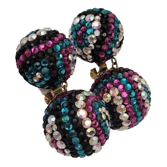 James Arpad Encrusted Multicolor Rhinestone Sequin Ball Dangle Earrings, Signed - Picture 3 of 12